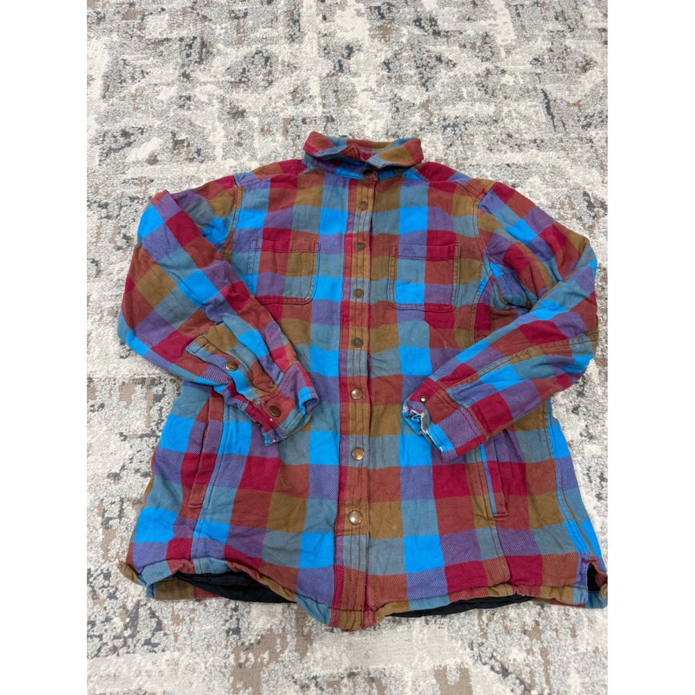 Duluth Trading Co Womens Medium Quilted Flannel Shirt Jacket Plaid Snap Front